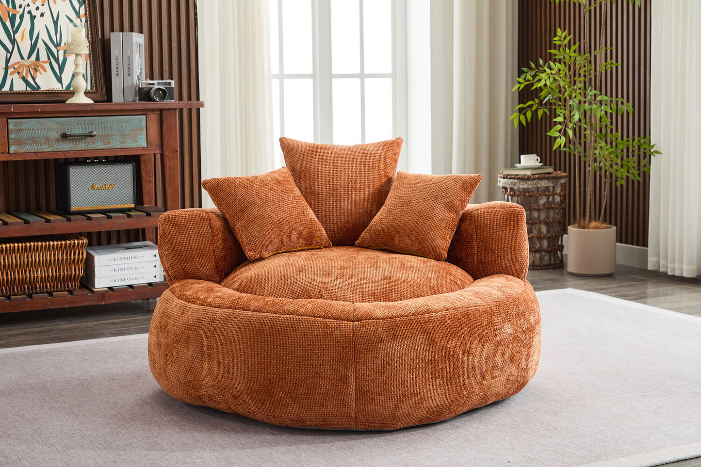 Bean Bag Chairs for Adults with Filler, 41" Memory Foam Bean Bag Sofa Chair with Three Pillows and Ultra Soft Chenille Cover, Round Comfy Reading Chairs for Bedroom Living Room, Orange