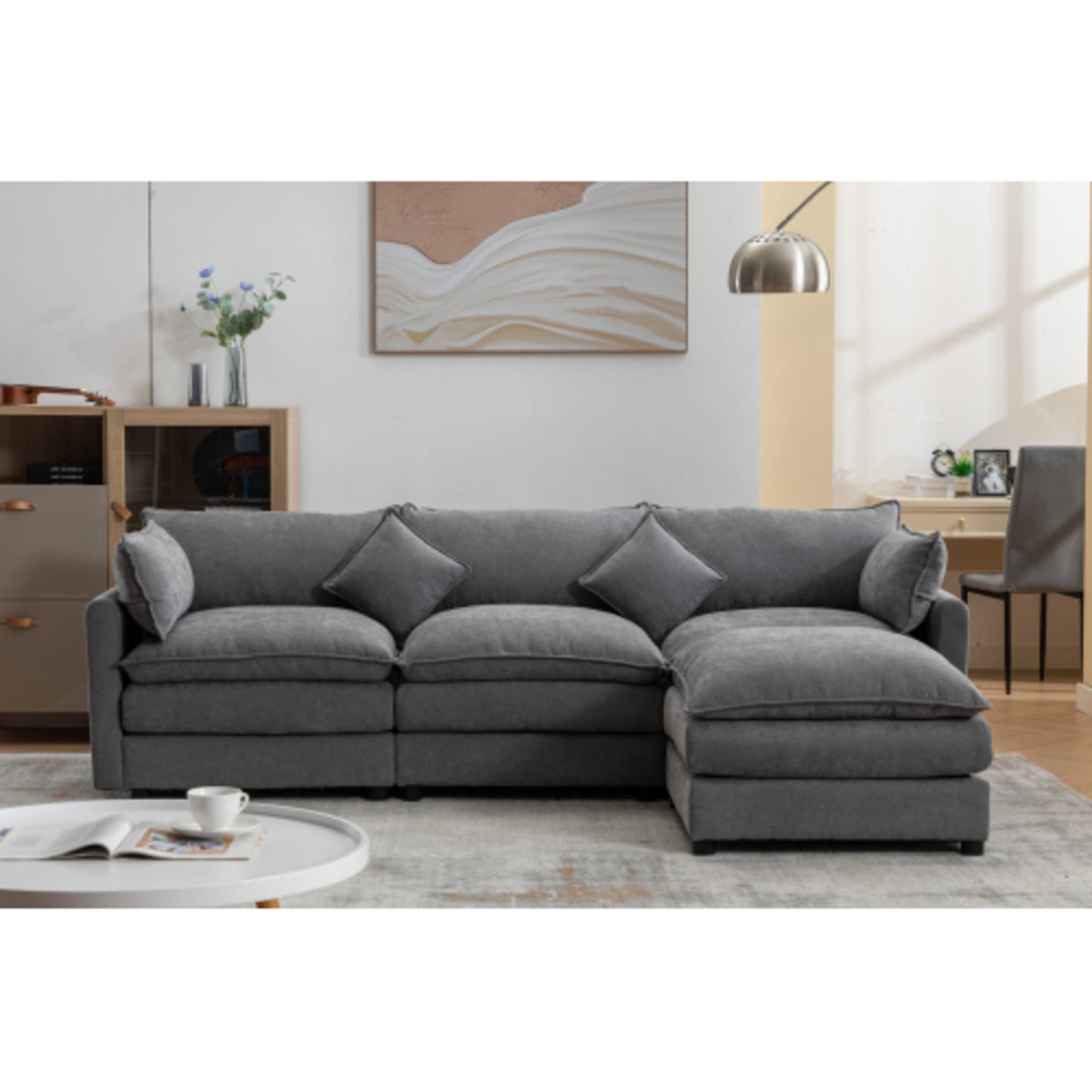 Modular Sectional Sofa, 3-Seater Sofa with Ottoman, Modern L-Shaped Sofa for Living Room Bedroom Apartment