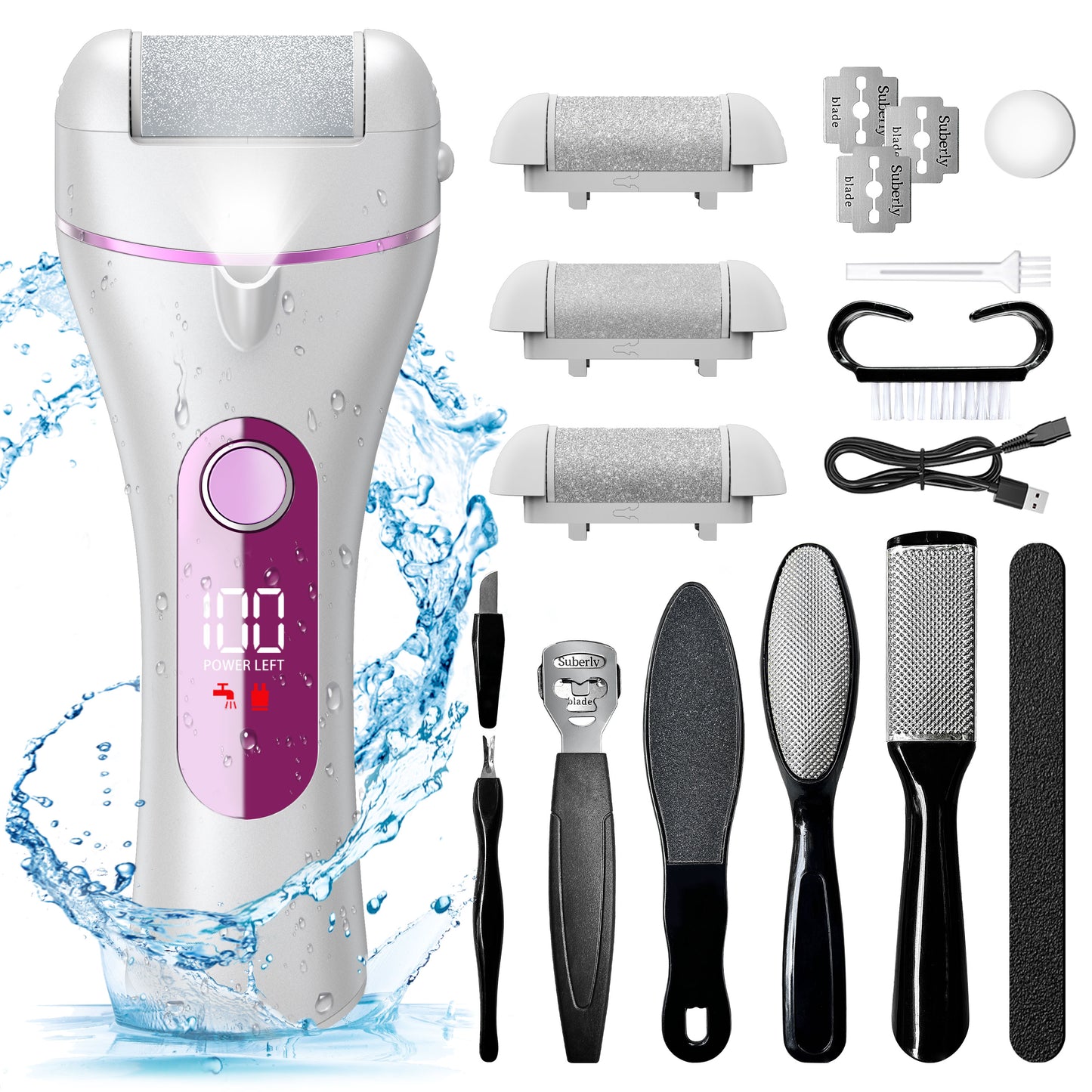 Yoovee Electric Callus Remover for Feet, Portable Foot File with 18-in-1 Kit, Waterproof, 3 Roller Heads, 2 Speeds