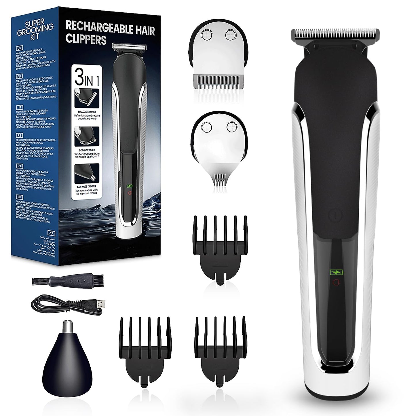 Beard Trimmer Men, Hair Clippers Men, All-in-One Men's Grooming Kit with Nose and Ear Trimmer, Detail Trimmer, IPX6 Waterproof Professional Cordless Hair Clipper with 4 Limit Combs