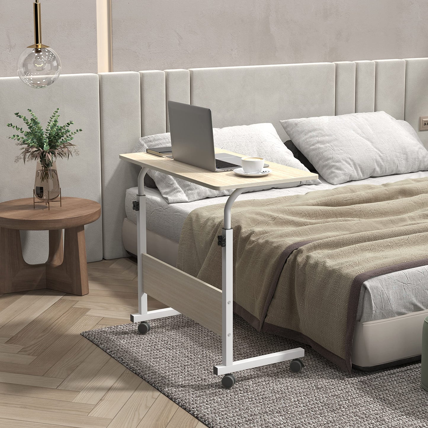 Couch Side Table Rolling Bed Table Snack Table, Height Adjustable Portable Laptop Computer Stand Desks Breakfast Tray Table with Wheels for Living Room Bedroom, Wood, 23.62"L x15.7"W x(27.55-35.43)"H