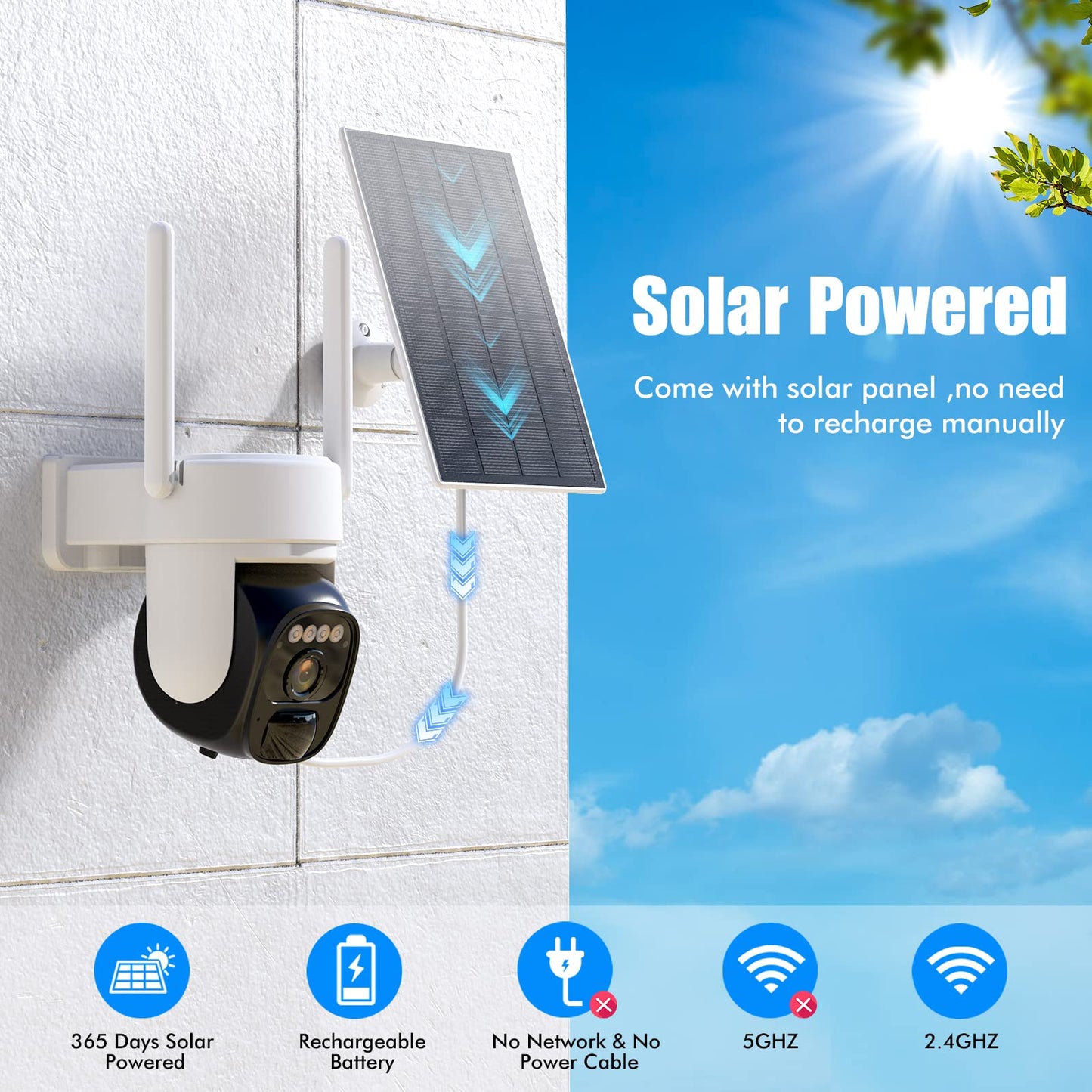 yoovee 2K Solar Security Camera with Spotlight, 360° View Wireless Outdoor Camera, Waterproof PIR Detection, Rechargeable Battery Powered Home Surveillance Camera with Color Night Vision 2-Way Audio