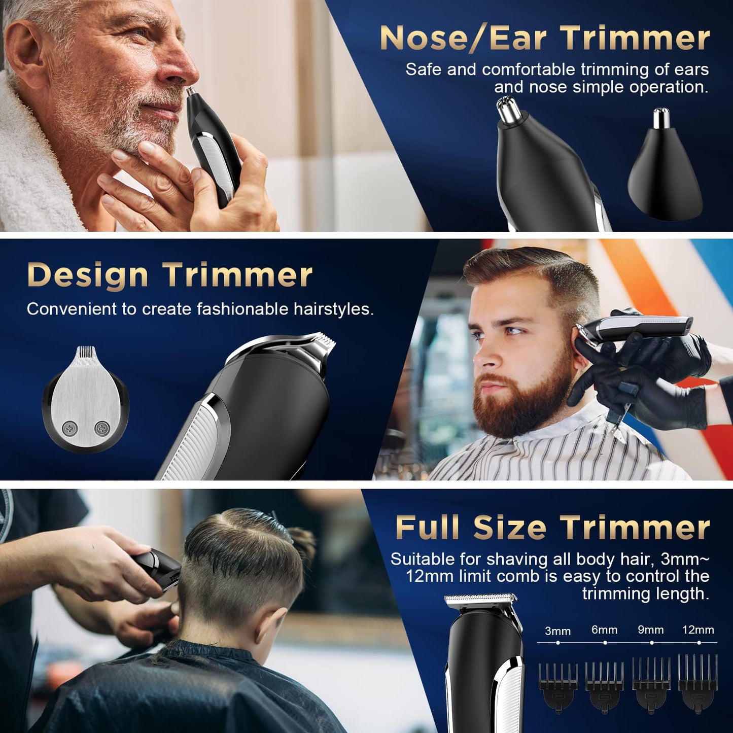 Beard Trimmer Men, Hair Clippers Men, All-in-One Men's Grooming Kit with Nose and Ear Trimmer, Detail Trimmer, IPX6 Waterproof Professional Cordless Hair Clipper with 4 Limit Combs