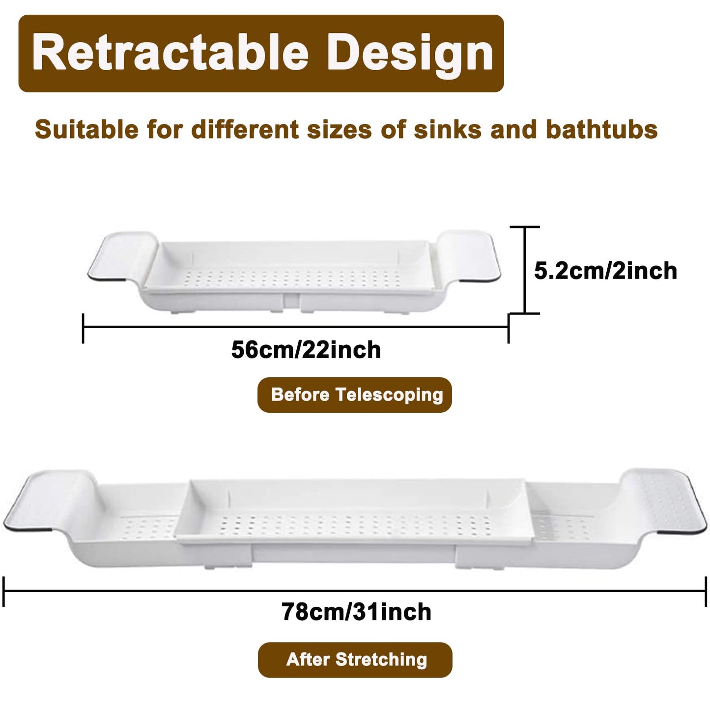 Expandable Drain Bath Shelf Caddy Tray, Multifunctional Plastic Bathtub Tray Holders & Organizers, Simple Stylish Bathtub Storage Rack For Counter /Candle/ Towel /Book/Wine/Phone/Shower/Soap ,White