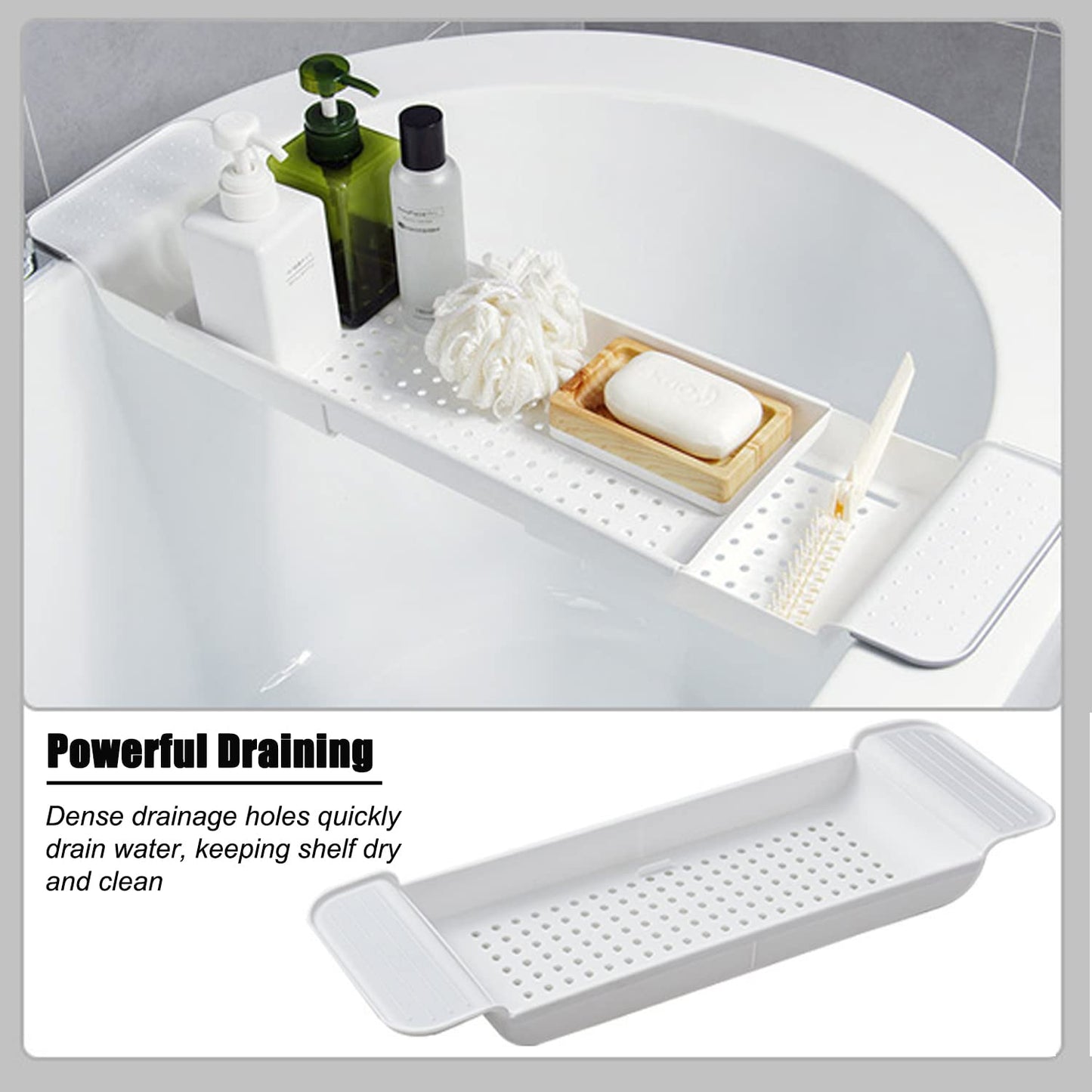 Expandable Drain Bath Shelf Caddy Tray, Multifunctional Plastic Bathtub Tray Holders & Organizers, Simple Stylish Bathtub Storage Rack For Counter /Candle/ Towel /Book/Wine/Phone/Shower/Soap ,White